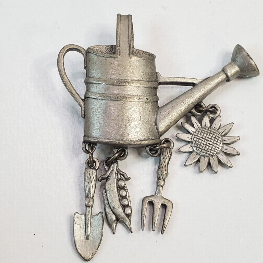 Vintage Signed JJ Pewter Tone Watering Can with Tools Garden Brooch Pin
